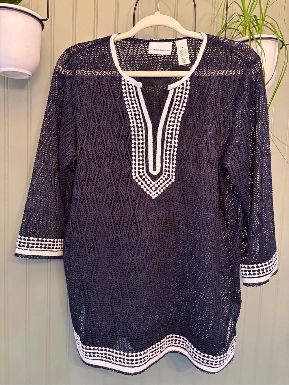 Alfred Dunner Navy Blue Diamond Lace Trim Tunic Top - Size Large
